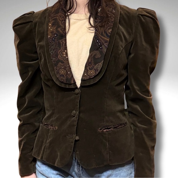 VTG Scott McClintock Velvet Victorian Revival Puff Sleeve Blazer Paisley Trim S - Picture 7 of 8